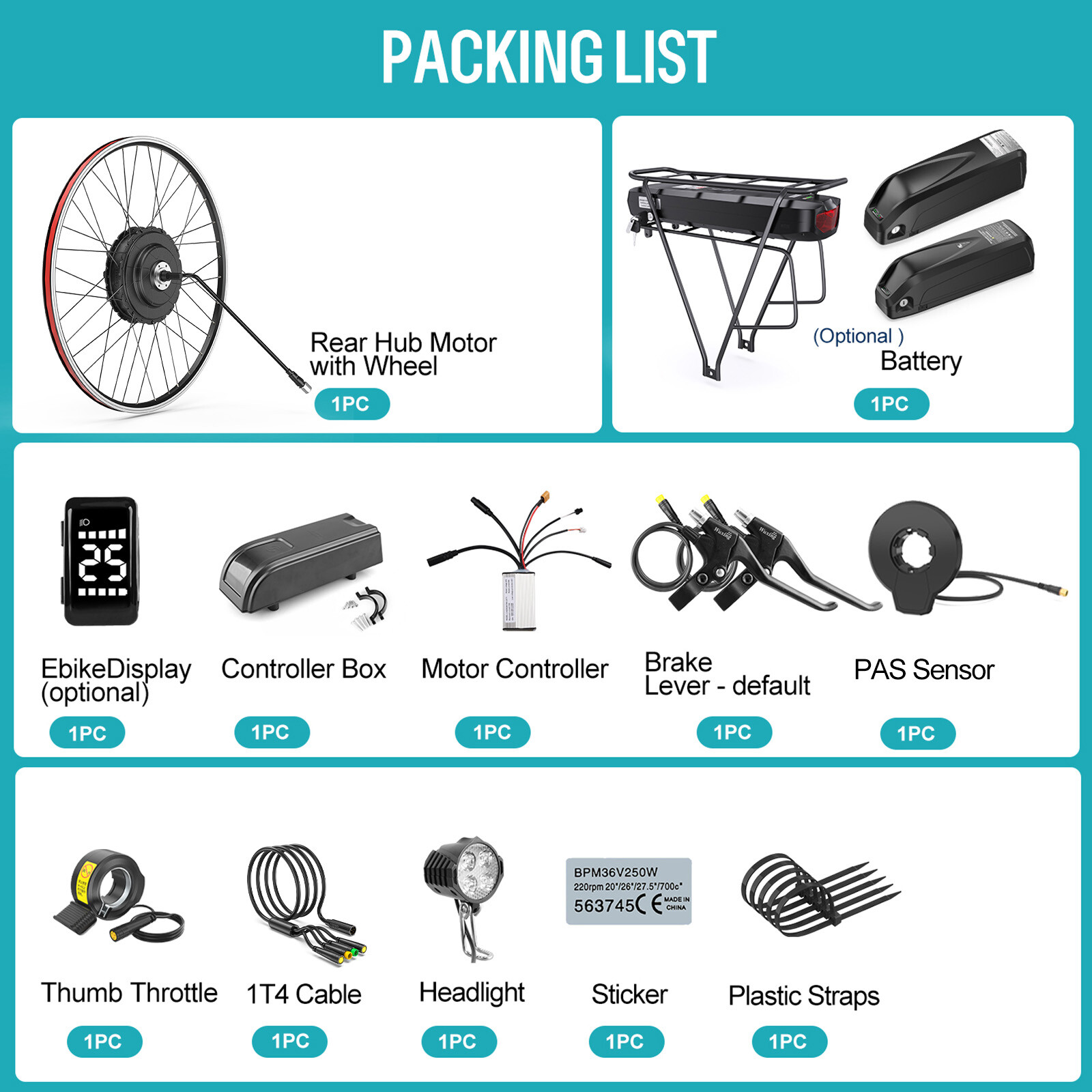 26″27.5″700C Electric Bicycle Rear Wheel Hub Motor Kit E-bike Conversion Set