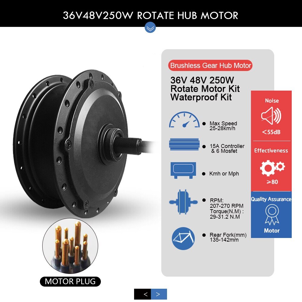 Electric Bike Conversion Kit Rear Rotate Hub Motor 36V/48V 250W Waterproof Plug