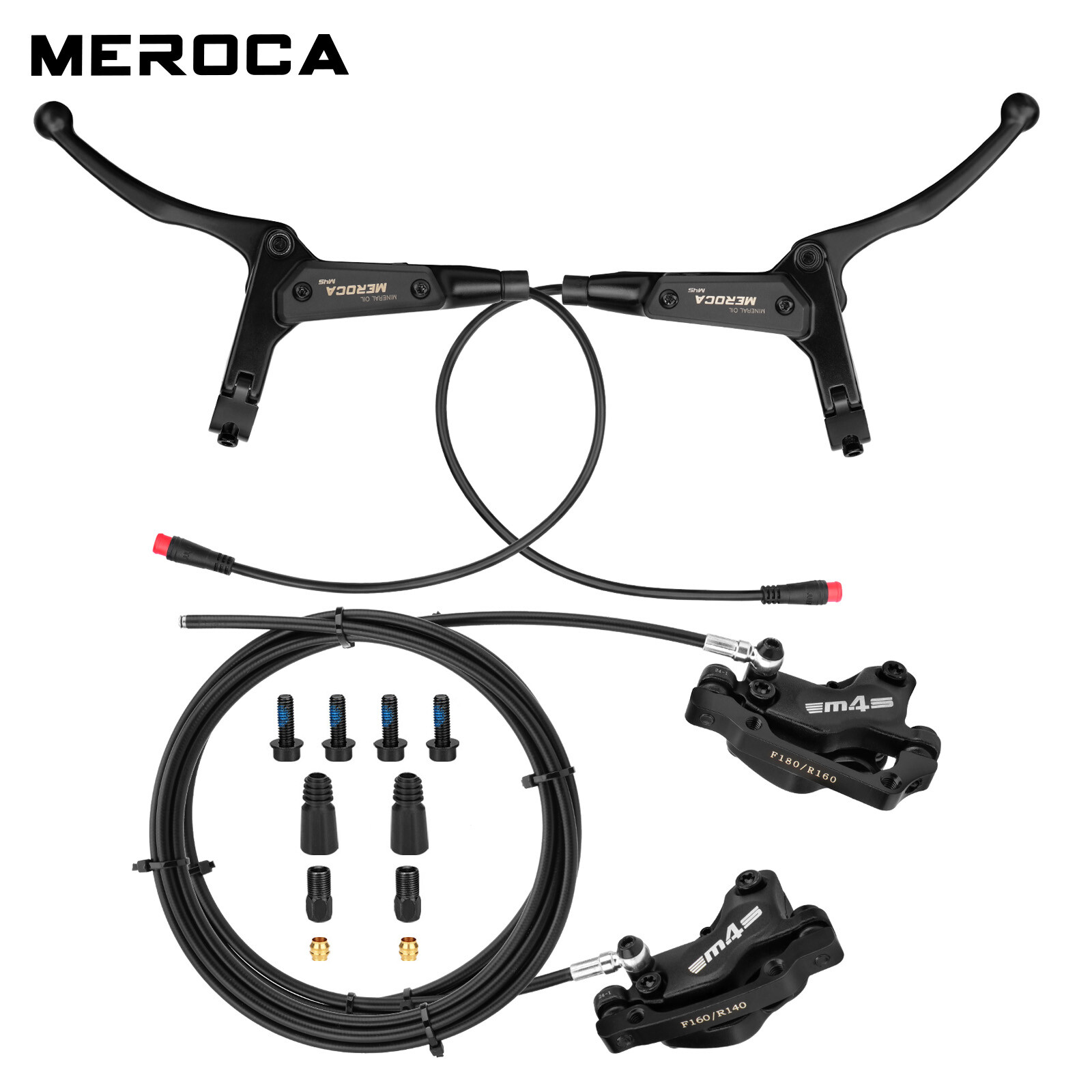 MEROCA E-Bike Hydraulic Disc Brake Set 4-Piston Front/Rear 950/1850mm with Rotor