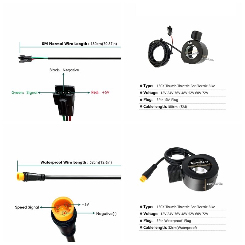 Ebike 130X Thumb Throttle 24V 36V 48V 60V 72V 3 PIN Connector Waterproof/SM Plug
