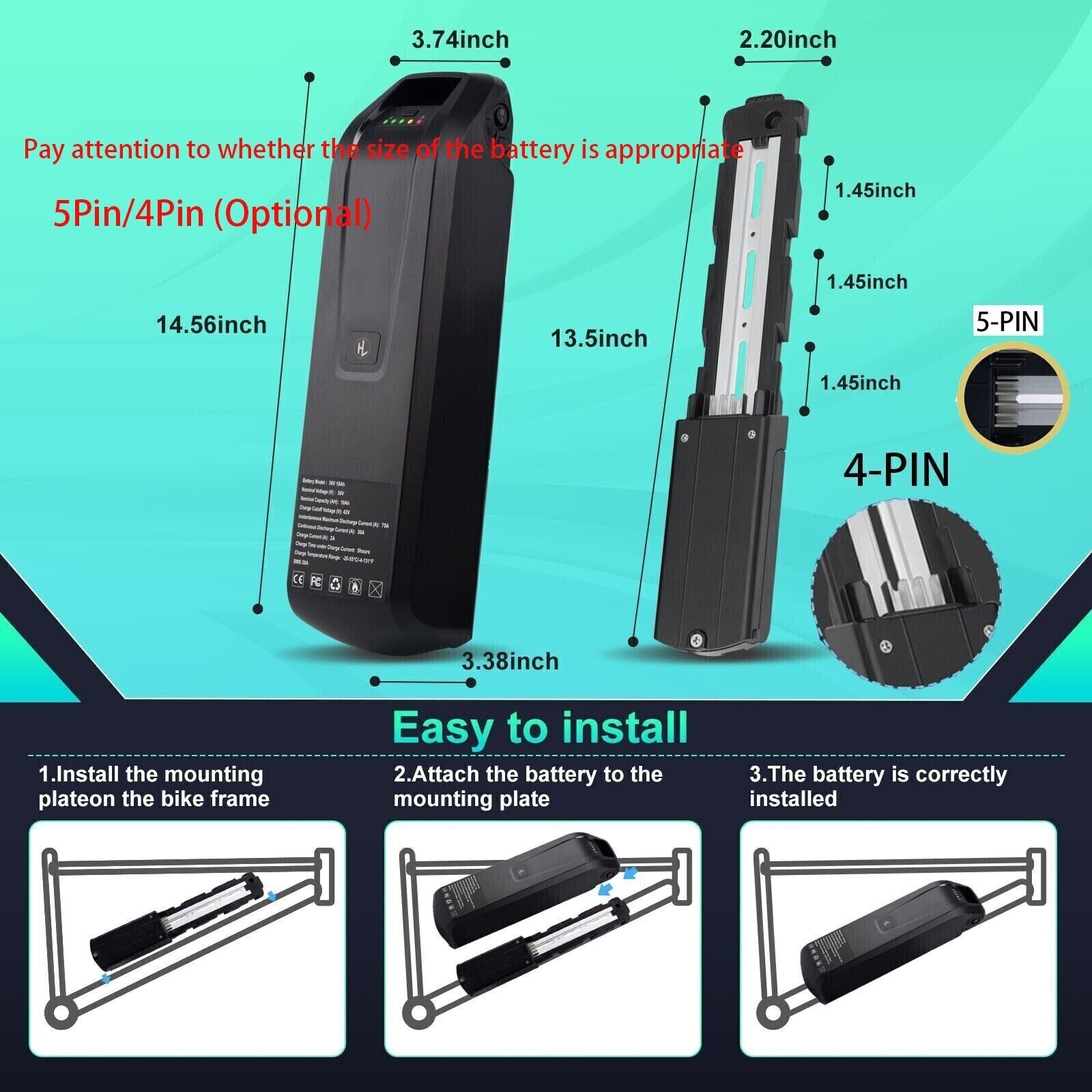 52V 48V 36V 10Ah 15Ah 20Ah Electric Bicycle Ebike Lithium Battery Rechargeable