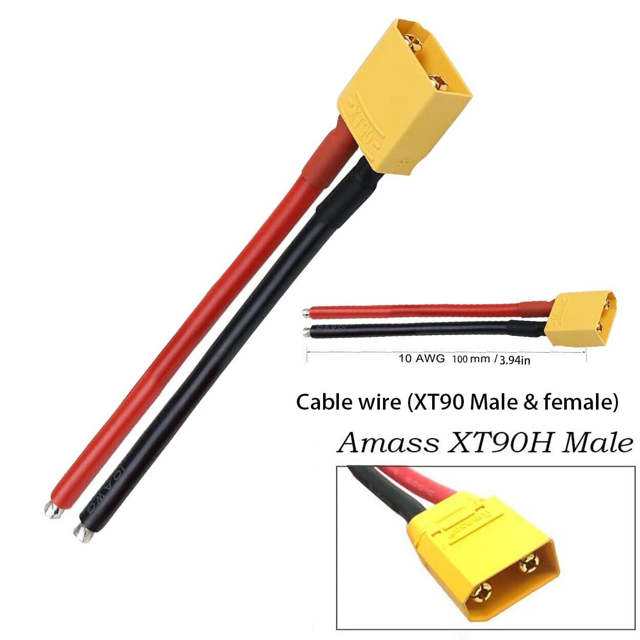 XT90 Male Connector Plug Lead Li-Ion Ebike Battery Charge Cable 10 AWG 100MM RC