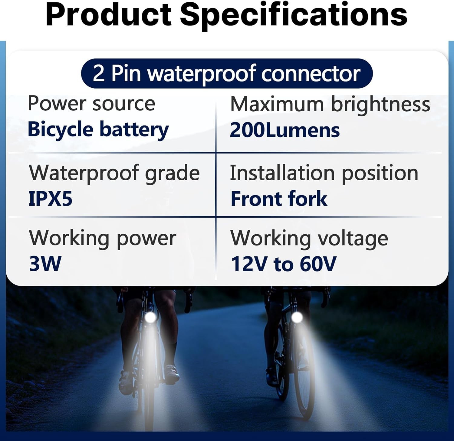 Ebike Headlight 2 Pin, Ebike Front Light for 36V 48V Battery Systems, Waterproof