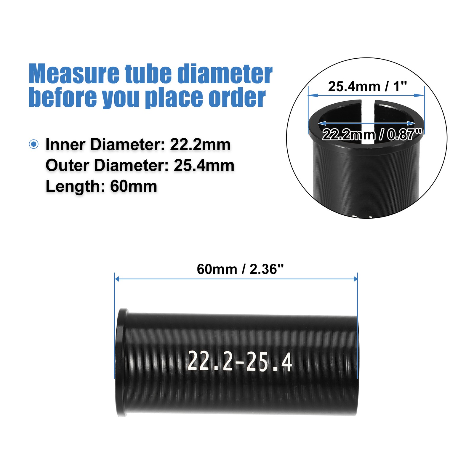 2 Pcs 22.2mm to 25.4mm Bicycle Seat Post Tube Adapter Reducing Sleeve Black