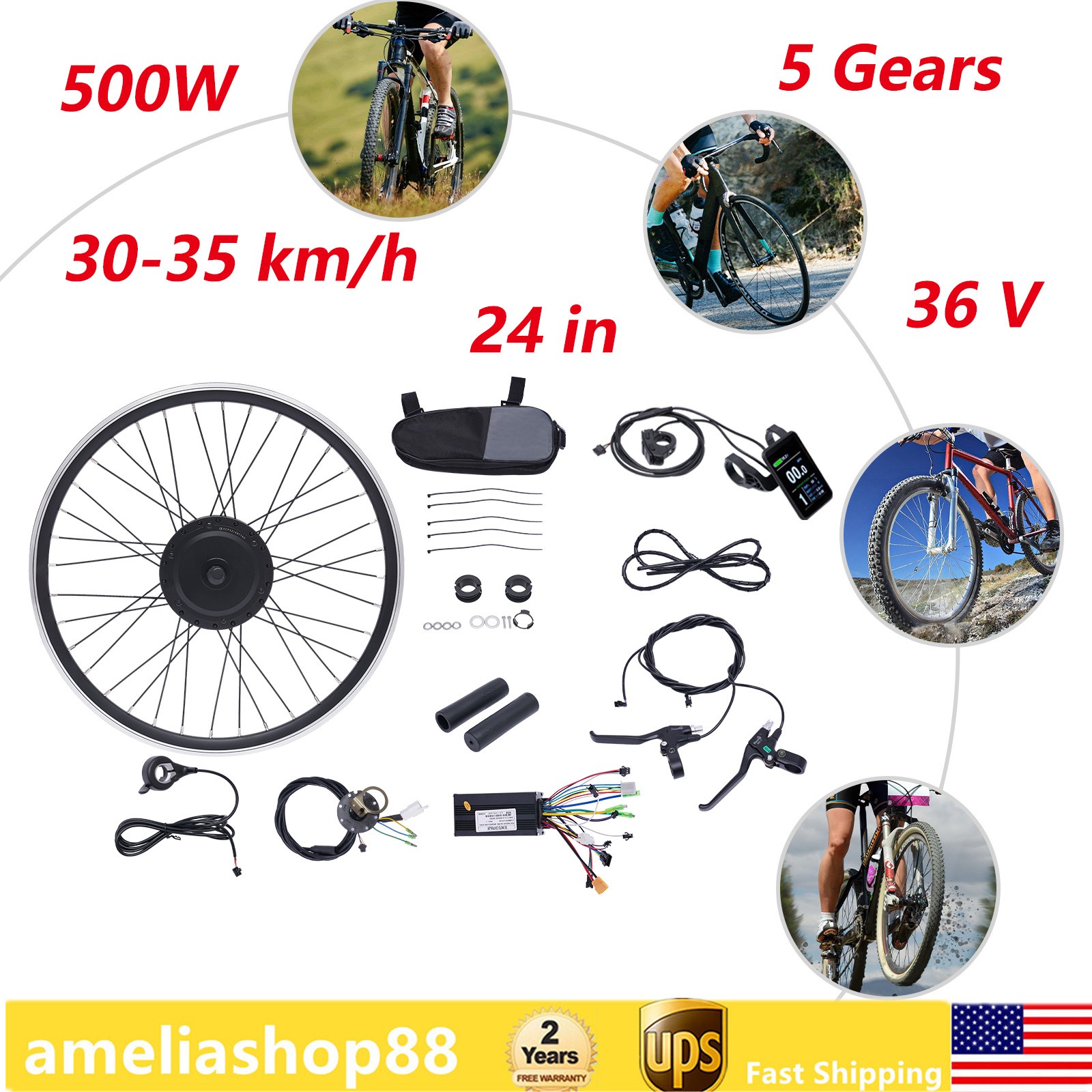 24″ 36V 500W Front Wheel E-Bike Conversion Kit Hub Motor Bicycle Motor Kit LCD